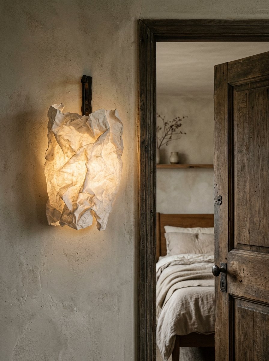 A glowing, crinkled paper light fixture mounted on a plaster wall beside a wooden bedroom door.