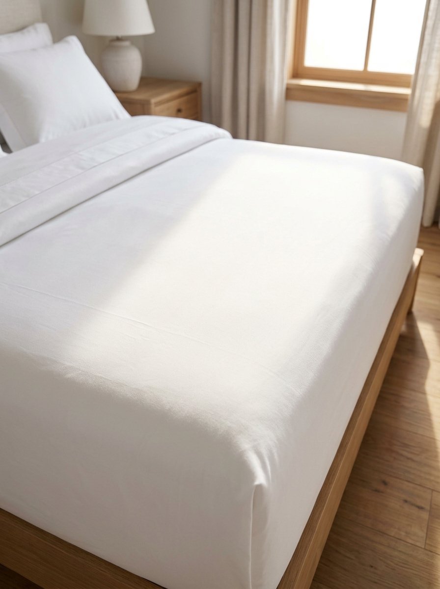 Close up of a neatly made bed with smooth white sheets on a natural wood frame near a bright window.