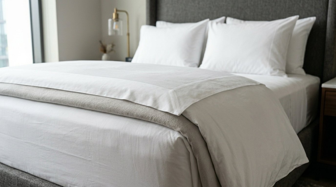 Close-up of a plush bed with crisp white pillows and layered neutral bedding in a modern bedroom interior.