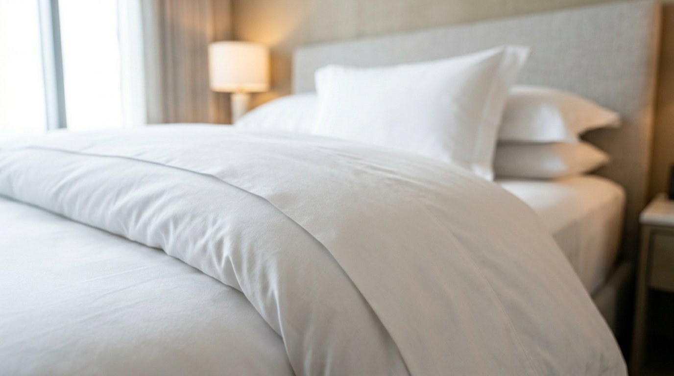 Close up of a plush white comforter and pillows on a bed with a neutral fabric headboard.
