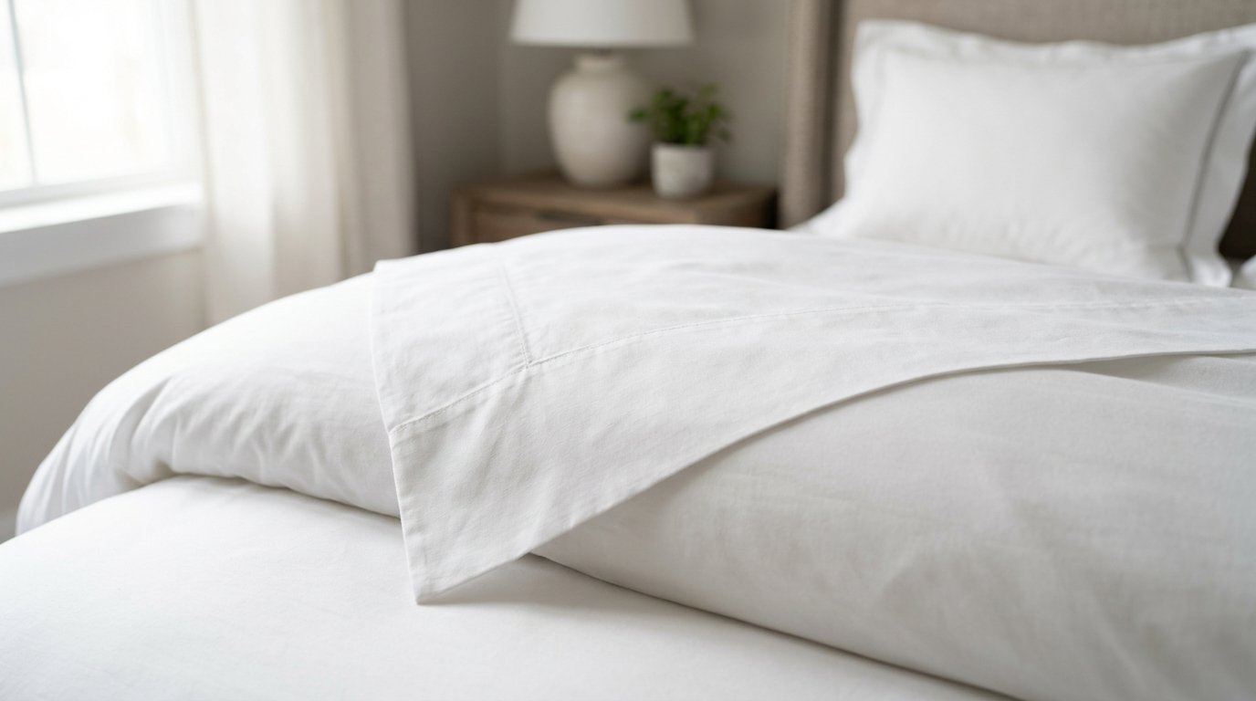 Close up of a neatly folded white duvet cover on a made bed in a bedroom.