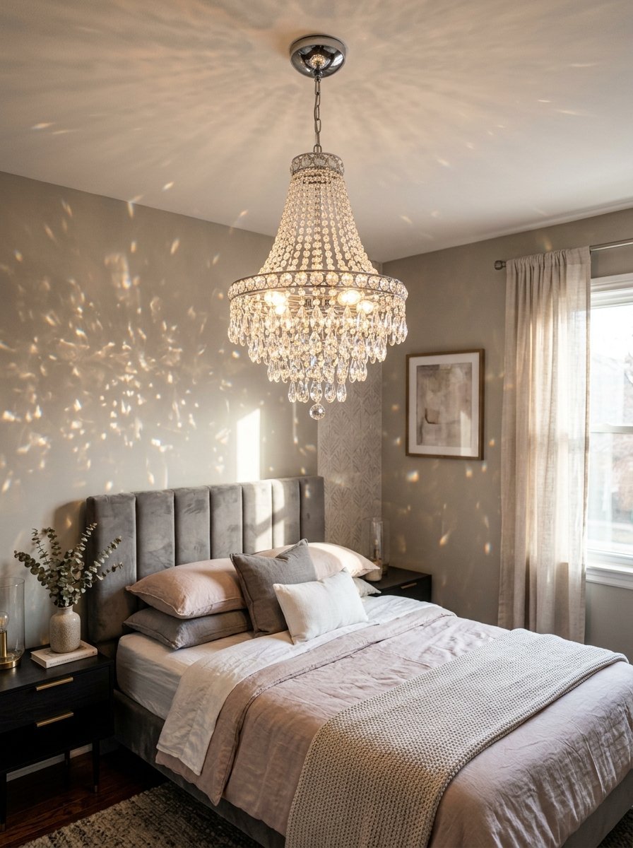 A crystal chandelier hangs above a bed with velvet headboard, casting light reflections on the bedroom wall.