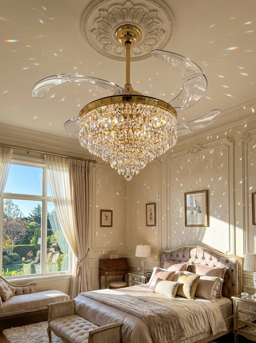 Elegant gold-trimmed crystal chandelier fan reflecting rainbow light patterns onto bedroom walls.