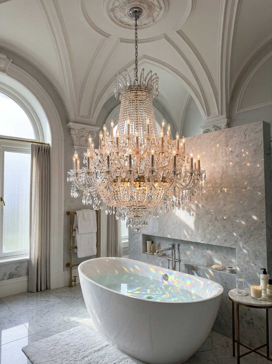 A glowing crystal chandelier casts rainbow light reflections into a white freestanding bathtub in a marble bathroom.