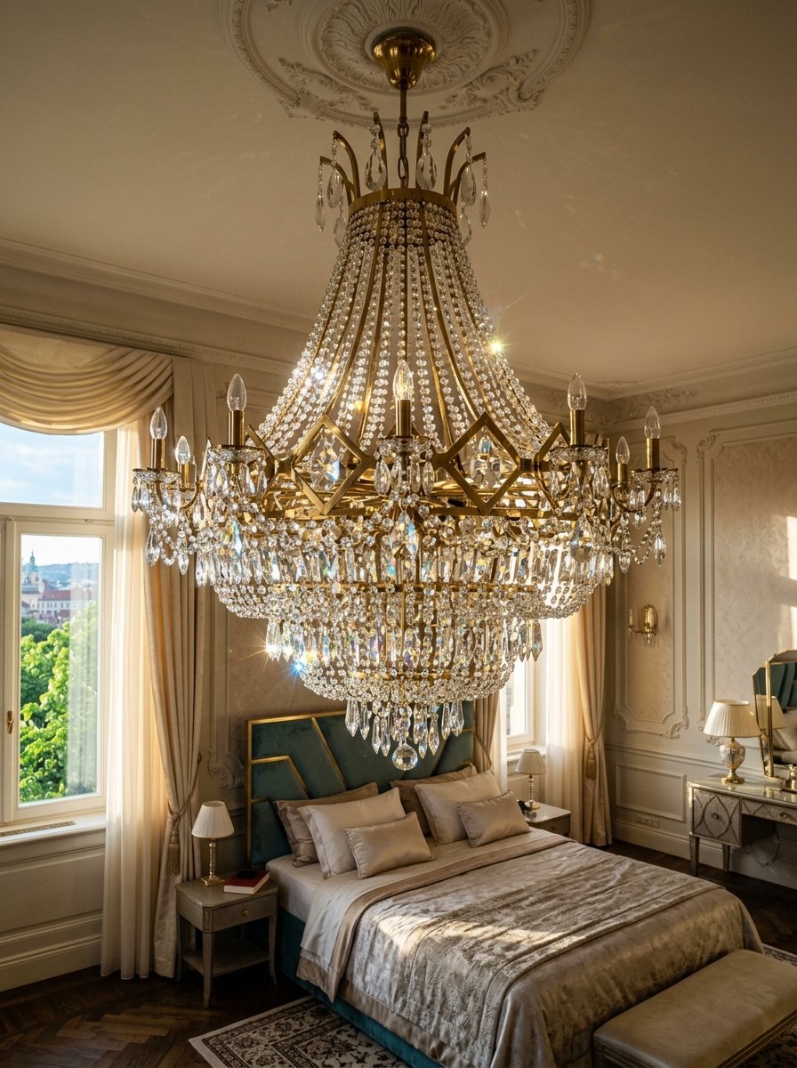 Large sparkling crystal chandelier suspended above a plush bed in an elegant, sunlit room.