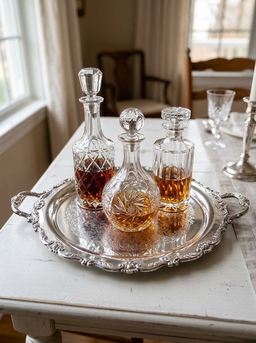 A trio of cut-crystal decanters filled with whiskey sitting on a polished silver serving tray on a dining table.