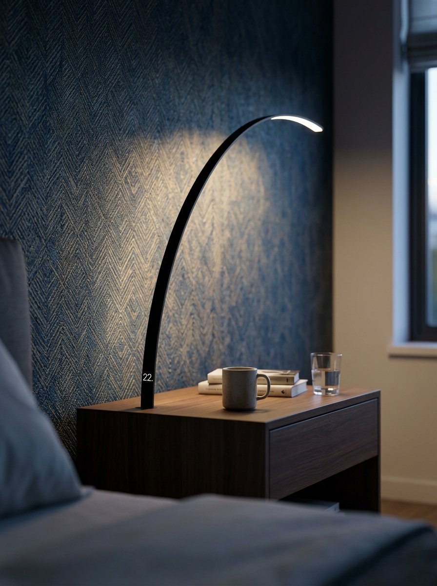 A slim, curved LED reading lamp stands on a wooden bedside table beside a ceramic mug and a glass of water.