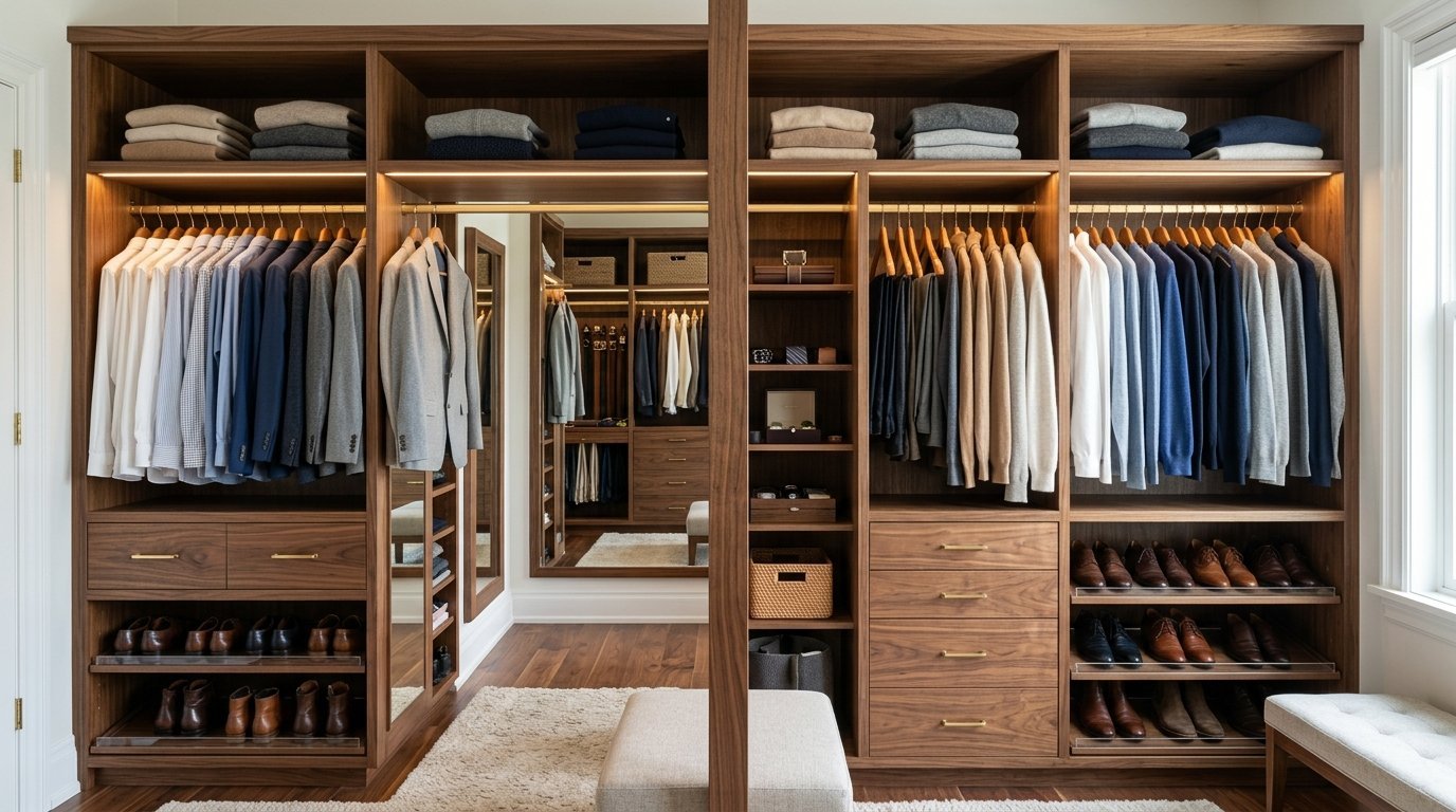 A luxurious walk-in closet with walnut shelving, hanging suits, organized shelves, and leather dress shoes.