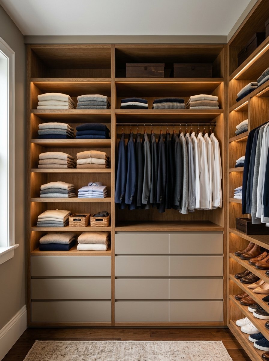 Wooden closet shelving filled with neatly folded sweaters, hanging dress shirts, blazers, and lower storage drawers.