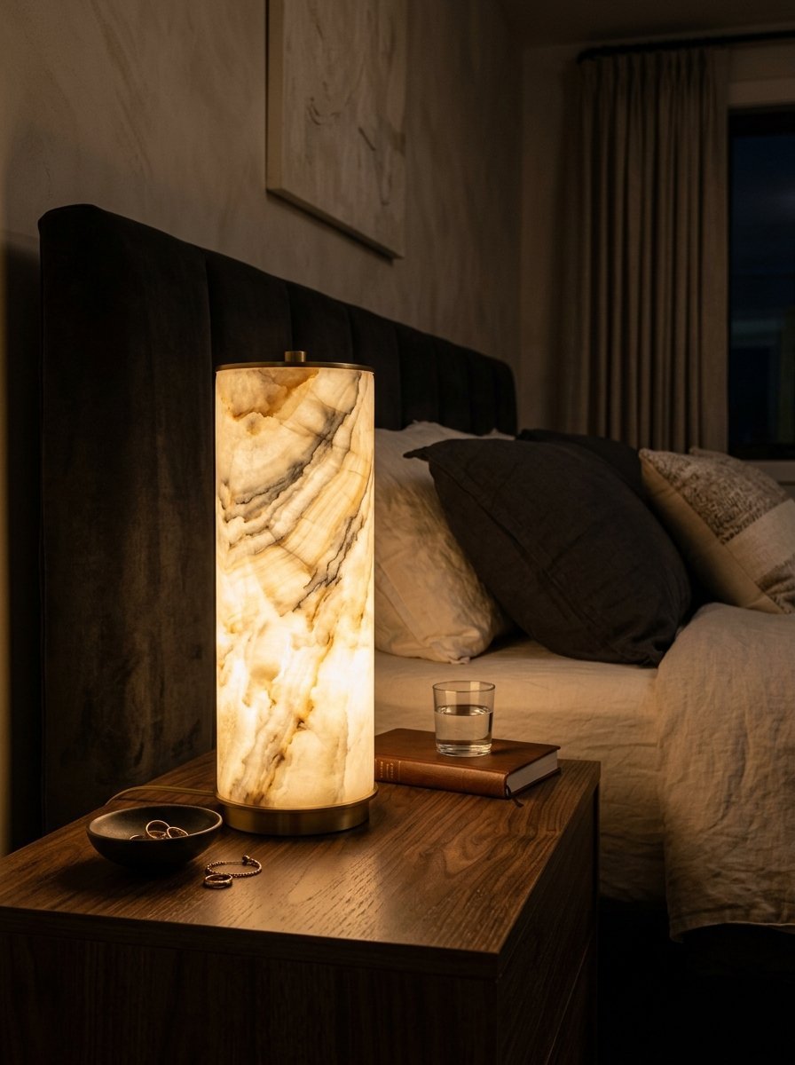 Lit onyx stone lamp on a dark wood nightstand next to a bed with dark grey pillows.