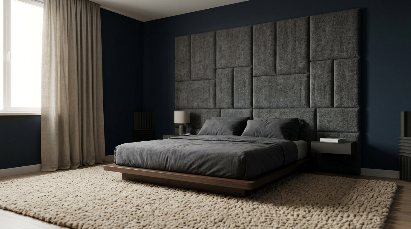 A bedroom with a dark platform bed, geometric grey wall panels, and a beige shaggy area rug.