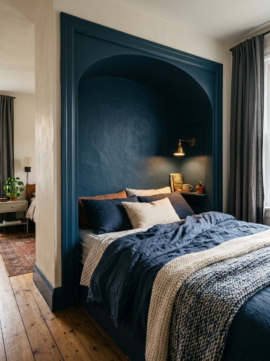 A bed nestled in a dark navy blue arched alcove with a brass wall sconce and layered textured bedding.