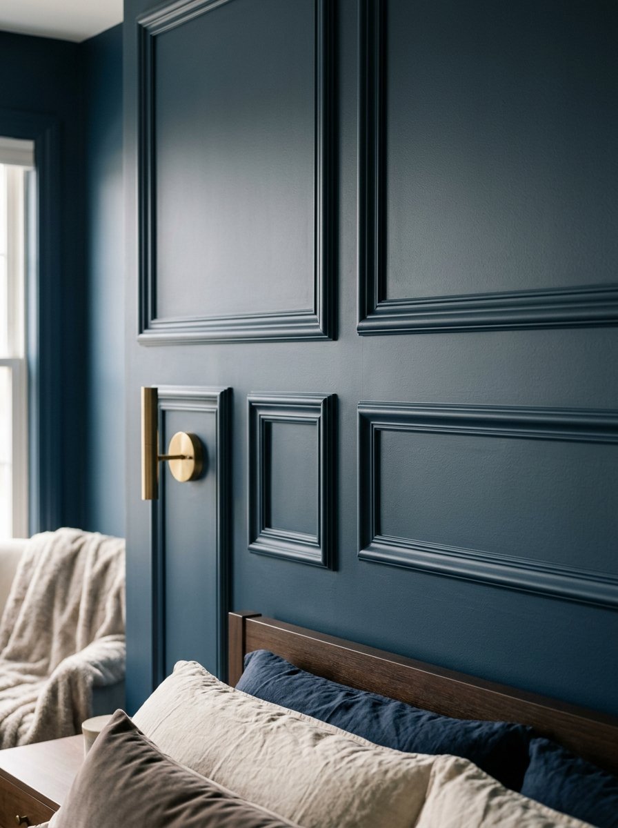 Modern dark blue bedroom wall featuring inset wall panels and a minimalist brass sconce light