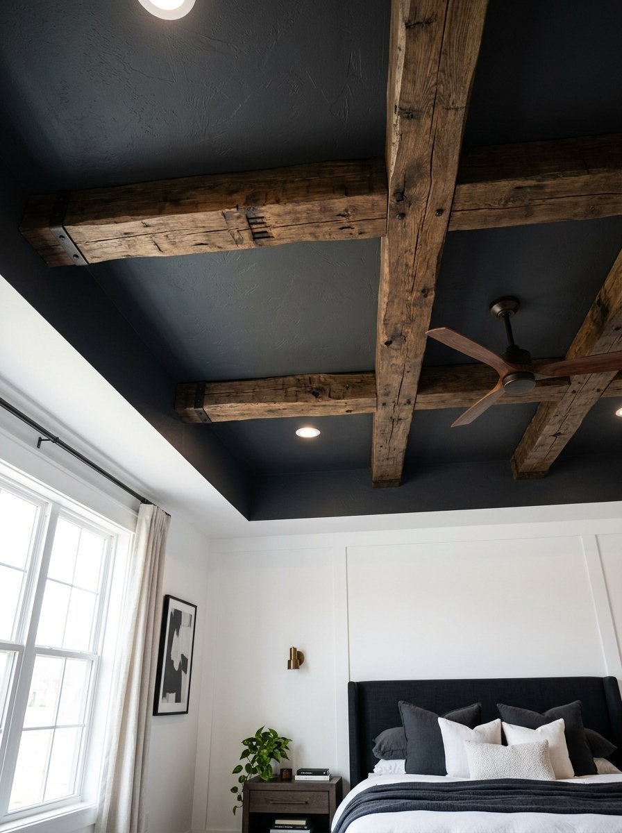 A modern bedroom featuring a dark grey tray ceiling with exposed reclaimed wooden beams and a ceiling fan.