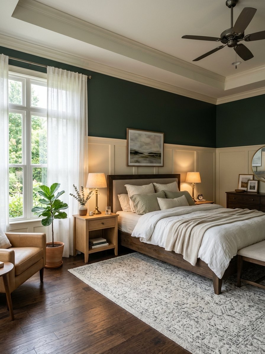 A bedroom features a wooden bed, sage green bedding, a leather armchair, and dark green accent walls.