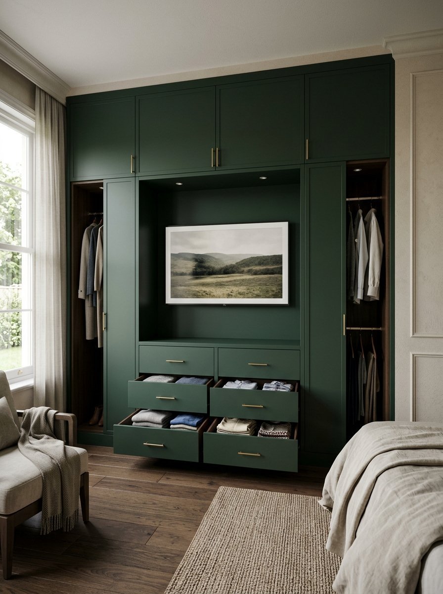 A floor-to-ceiling forest green wardrobe unit featuring a built-in television, open hanging areas, and open drawers.