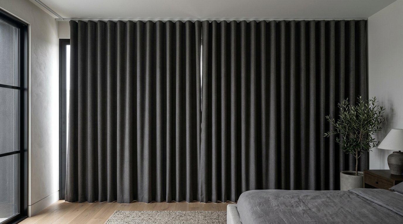 Close-up of floor-length dark grey wave curtains covering a large bedroom window wall.