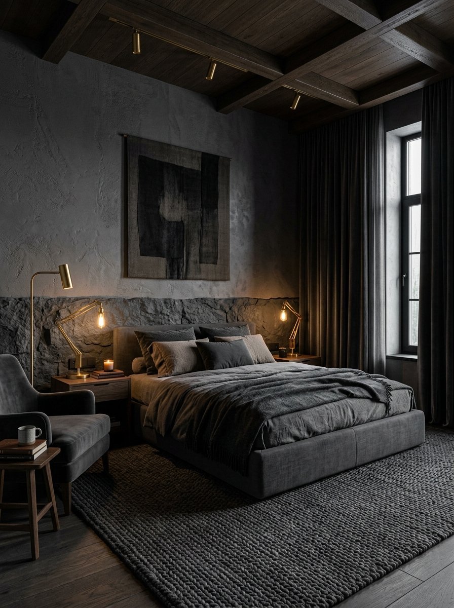 A modern bedroom with dark stone walls, a plush grey bed, and brass bedside lamps under a wood beam ceiling.