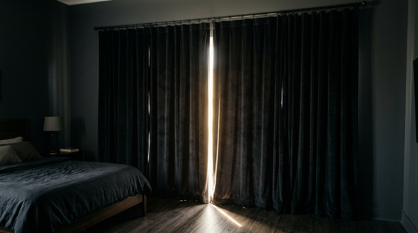 A dark bedroom with velvet drapes pulled shut, allowing a sliver of bright sunlight to cast a glow on the floor.