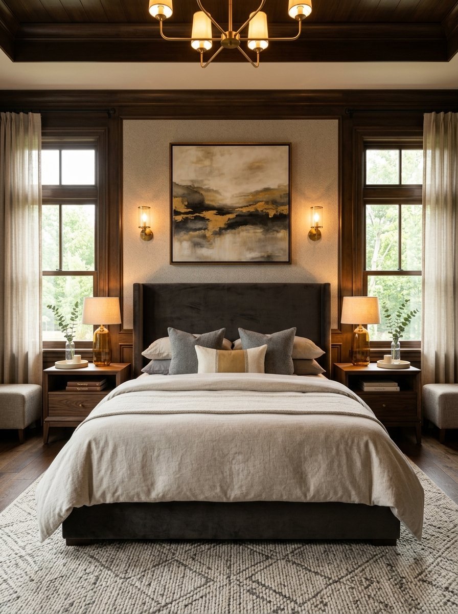 A luxurious bedroom featuring a dark upholstered bed, warm lighting, and a framed abstract painting on the wall.