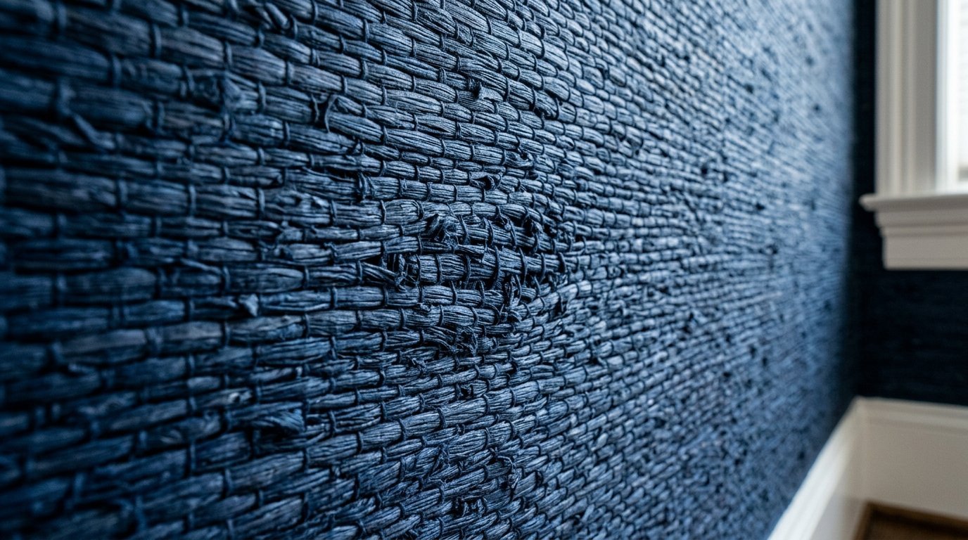 A detailed angle showing dark blue natural fiber weave wallpaper with a rugged and coarse surface texture.