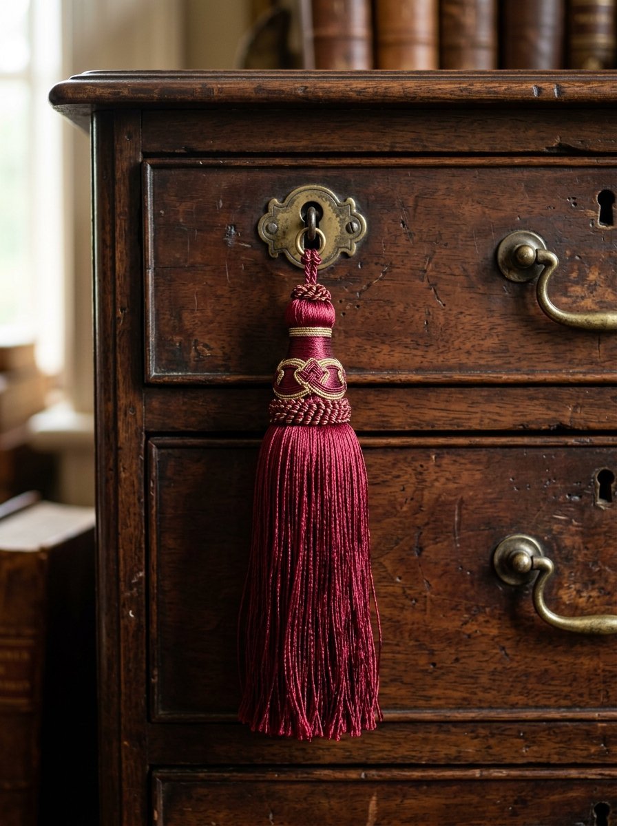 Close up of a decorative burgundy furniture tassel tied to an aged wooden chest handle.