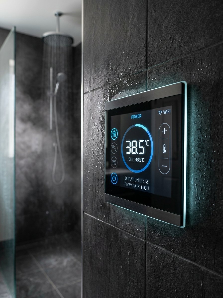 Digital touch panel mounted on a dark tiled wall showing water temperature settings and shower controls.