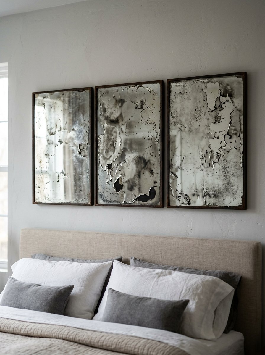 A triptych of weathered, antique-style mirrors with chipped reflective surfaces mounted on a gray wall above a bed.