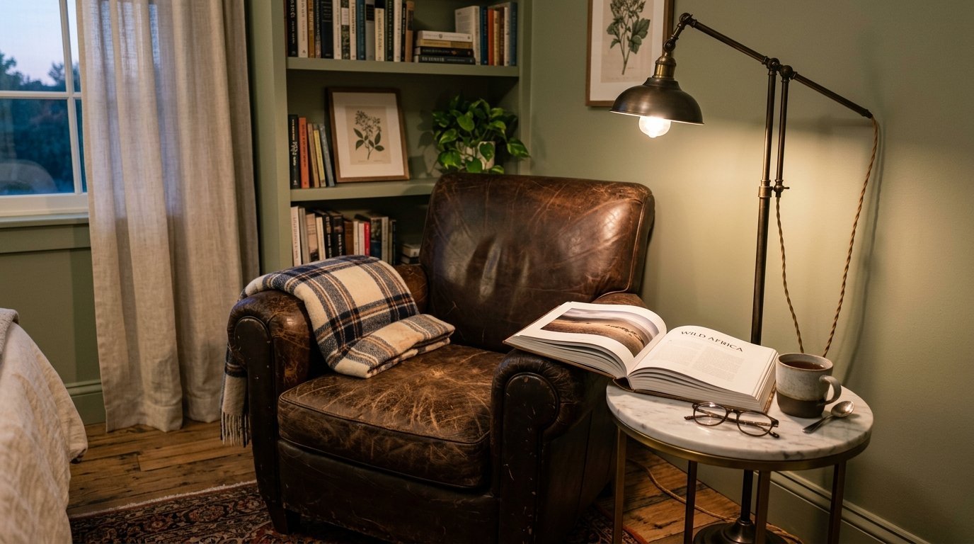 A rustic brown leather chair with a plaid blanket next to a marble side table holding an open book and reading glasses.