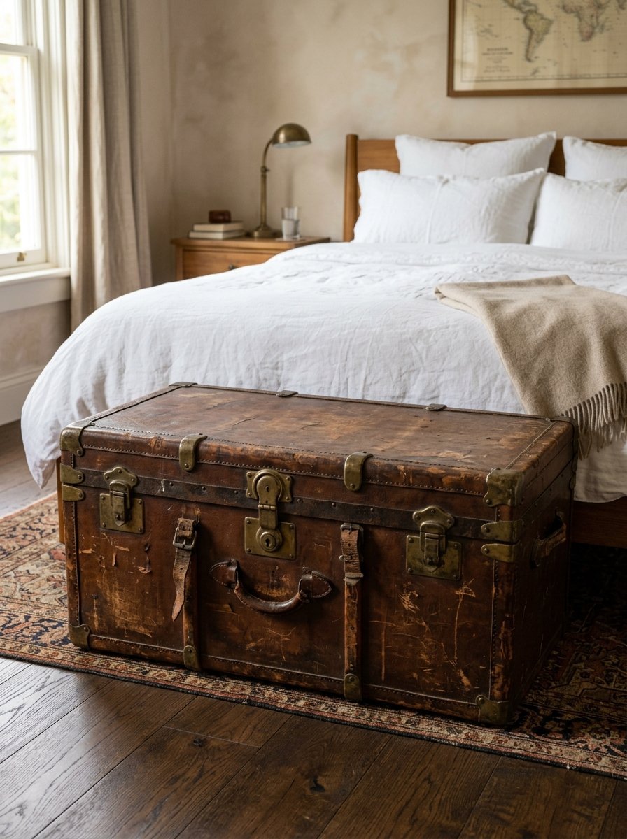 An antique brown leather trunk with brass latches sitting on a patterned rug in a cozy bedroom.