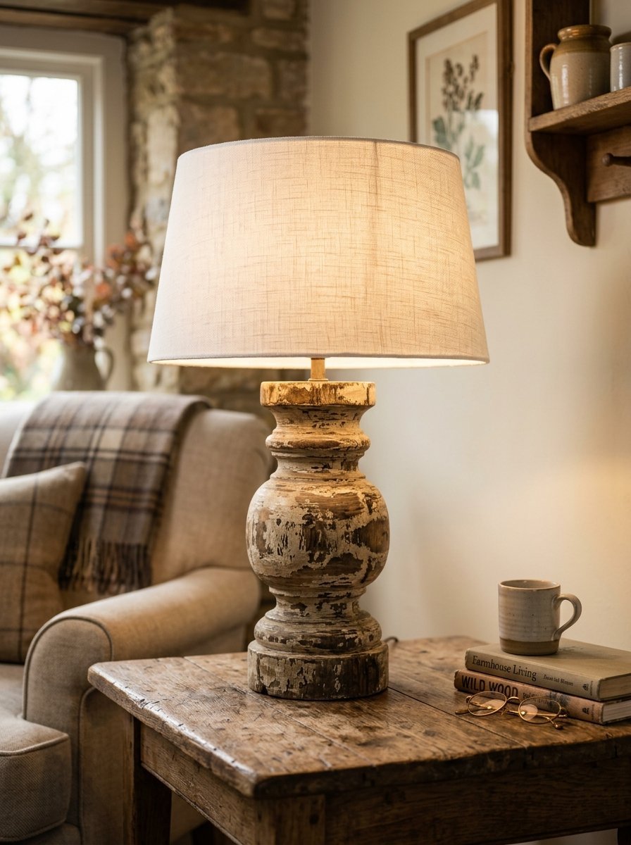 A vintage-style lamp with a textured fabric shade sits on a rustic table beside books and a ceramic mug.