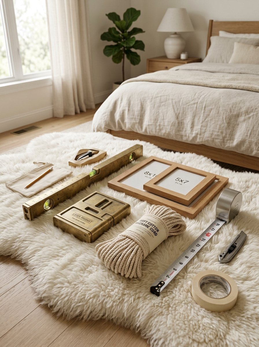 A level, measuring tape, wooden frames, and cotton cord laid out on a white faux fur rug in a bedroom.