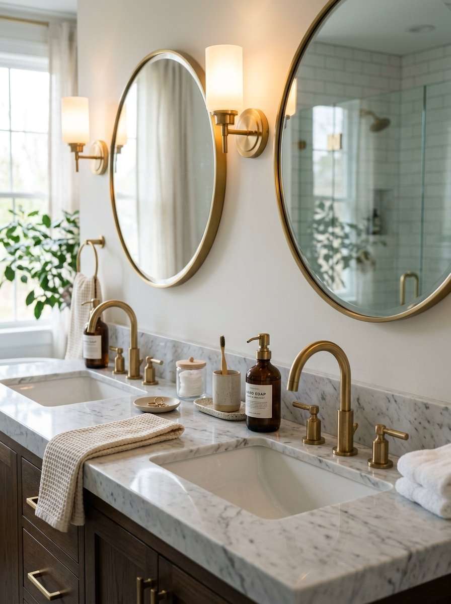 Modern bathroom with dual marble sinks, round gold-rimmed mirrors, and warm brass faucet hardware.
