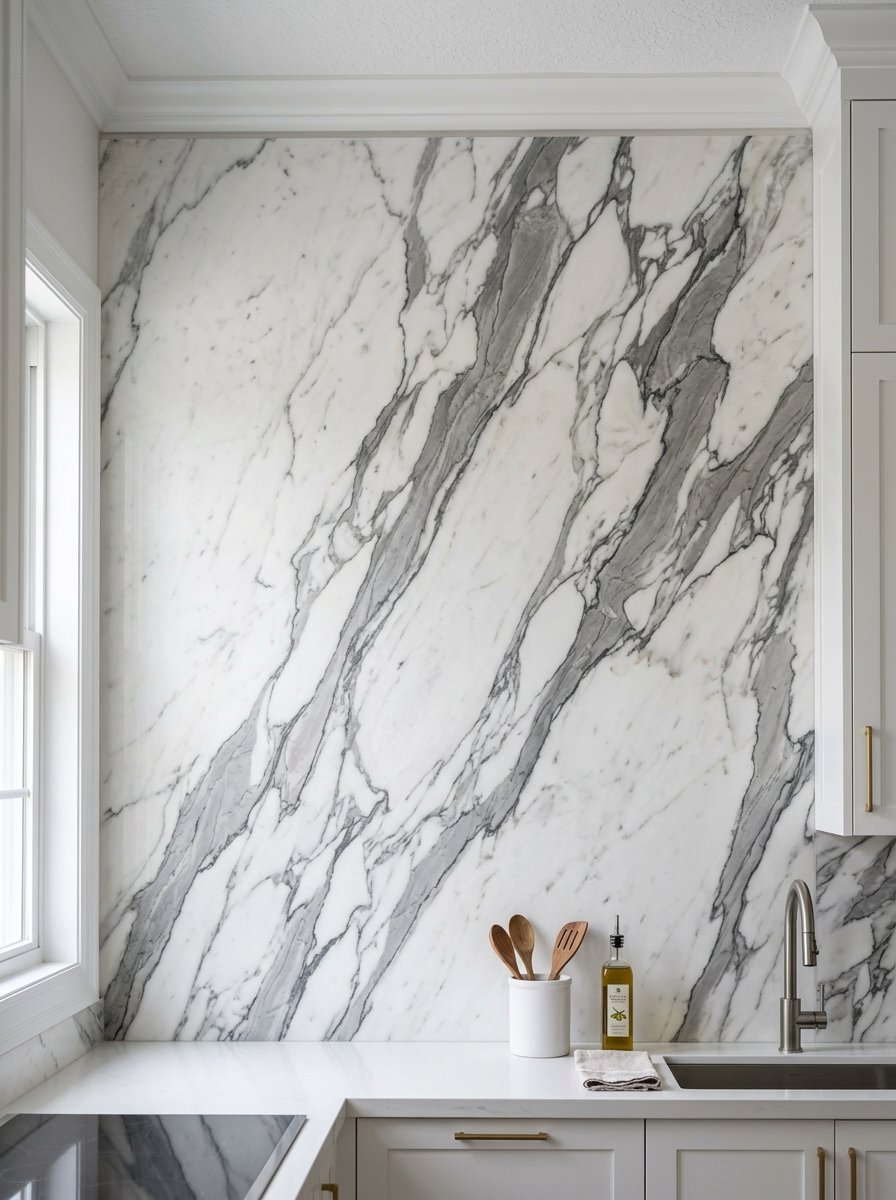Large marble wall panel with bold grey veins above a modern kitchen countertop