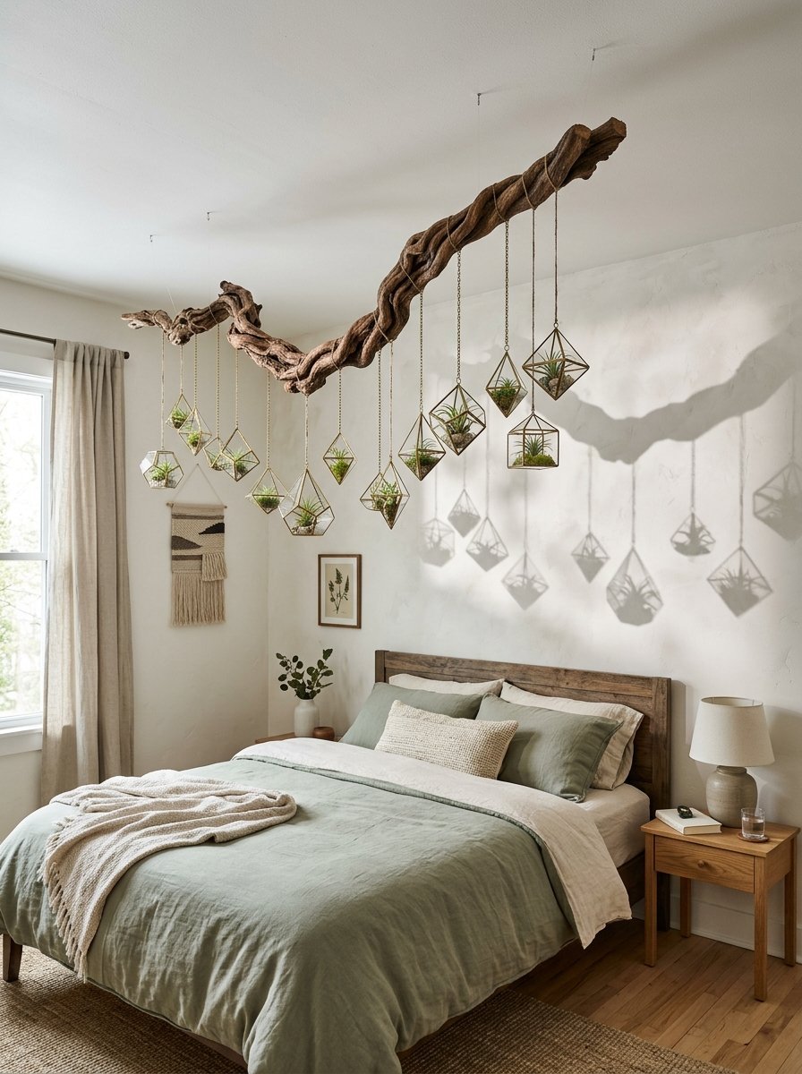 A rustic wood branch hangs from the ceiling with small brass geometric terrariums containing air plants above a bed.