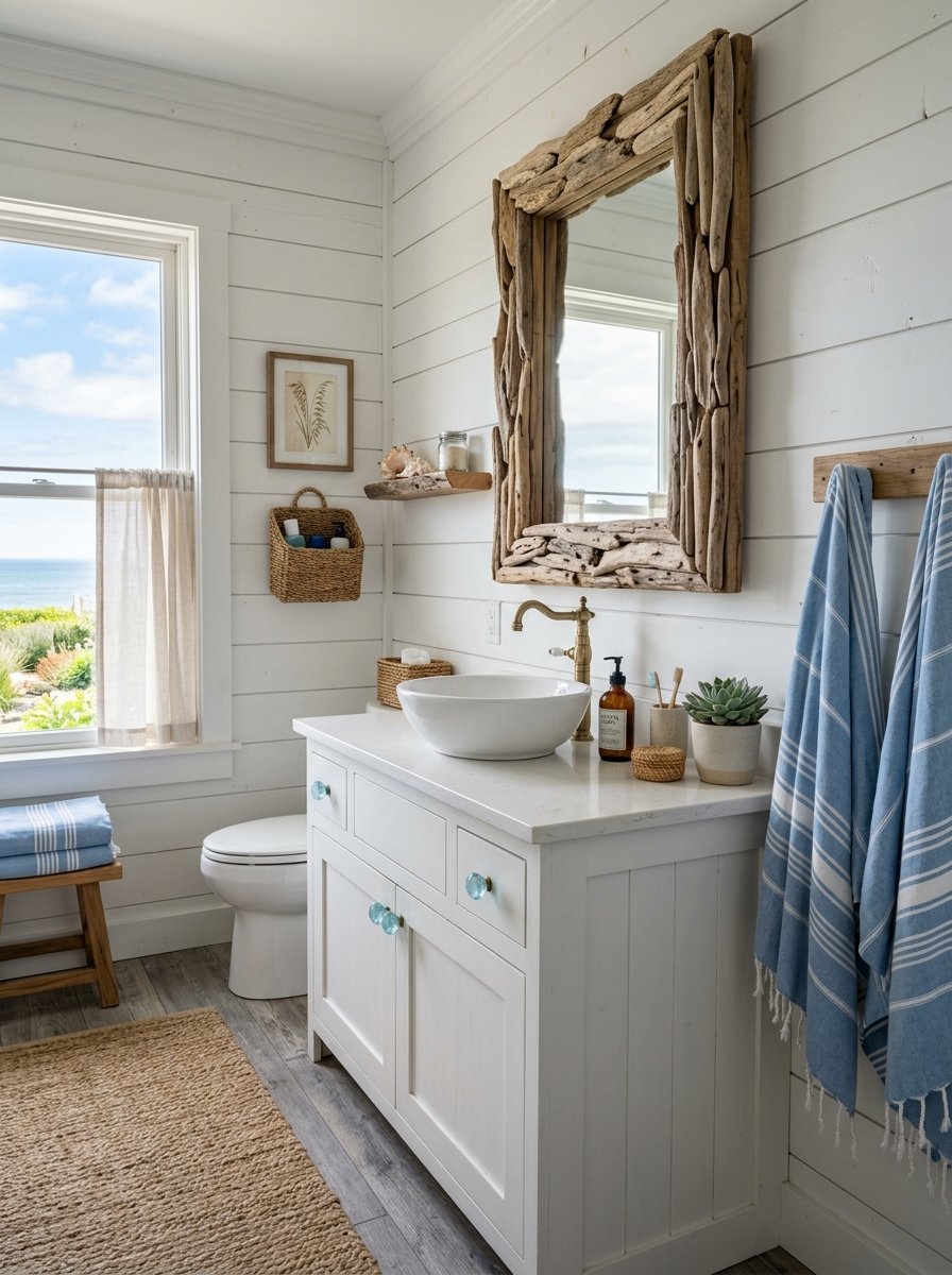 Coastal themed bathroom with a white vanity, ocean view window, and a unique mirror frame made of weathered driftwood.