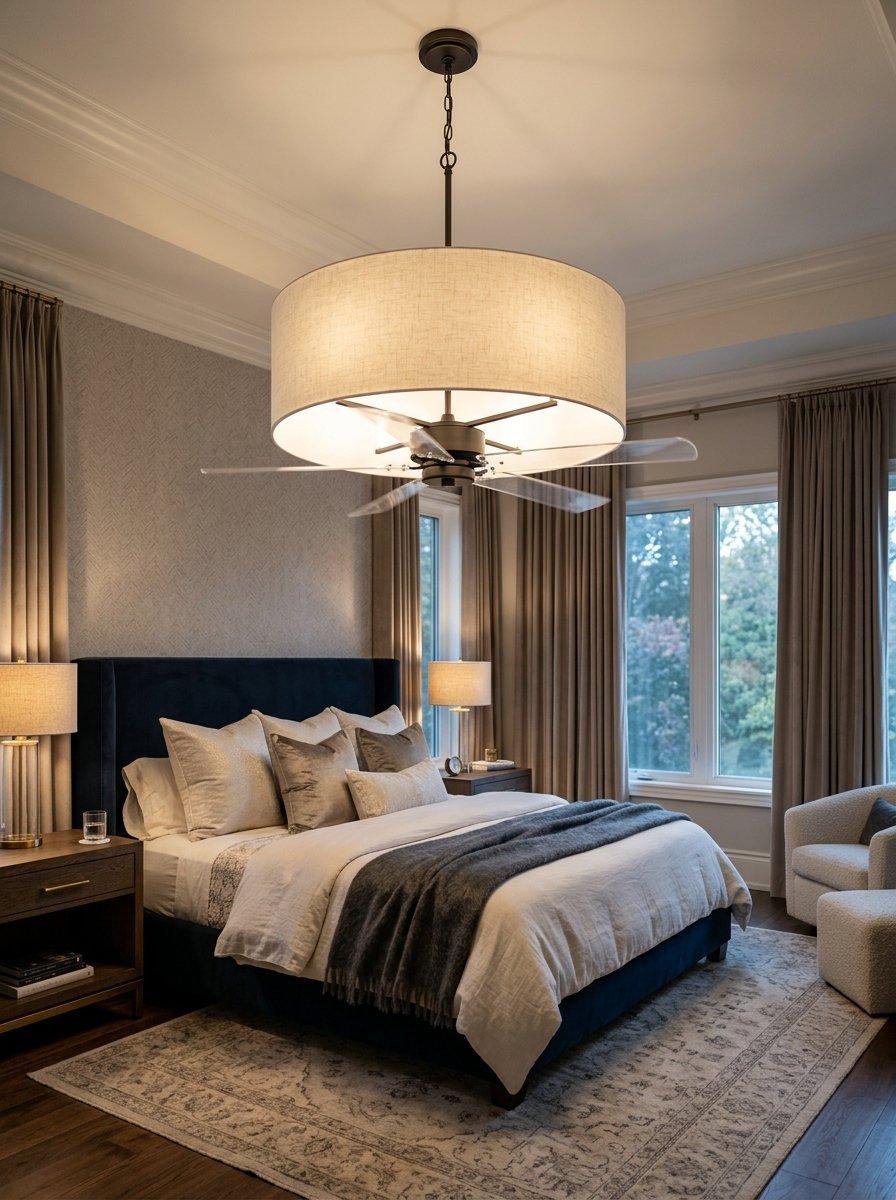 A round fabric drum shade light fixture with integrated transparent fan blades hanging above a navy bed.