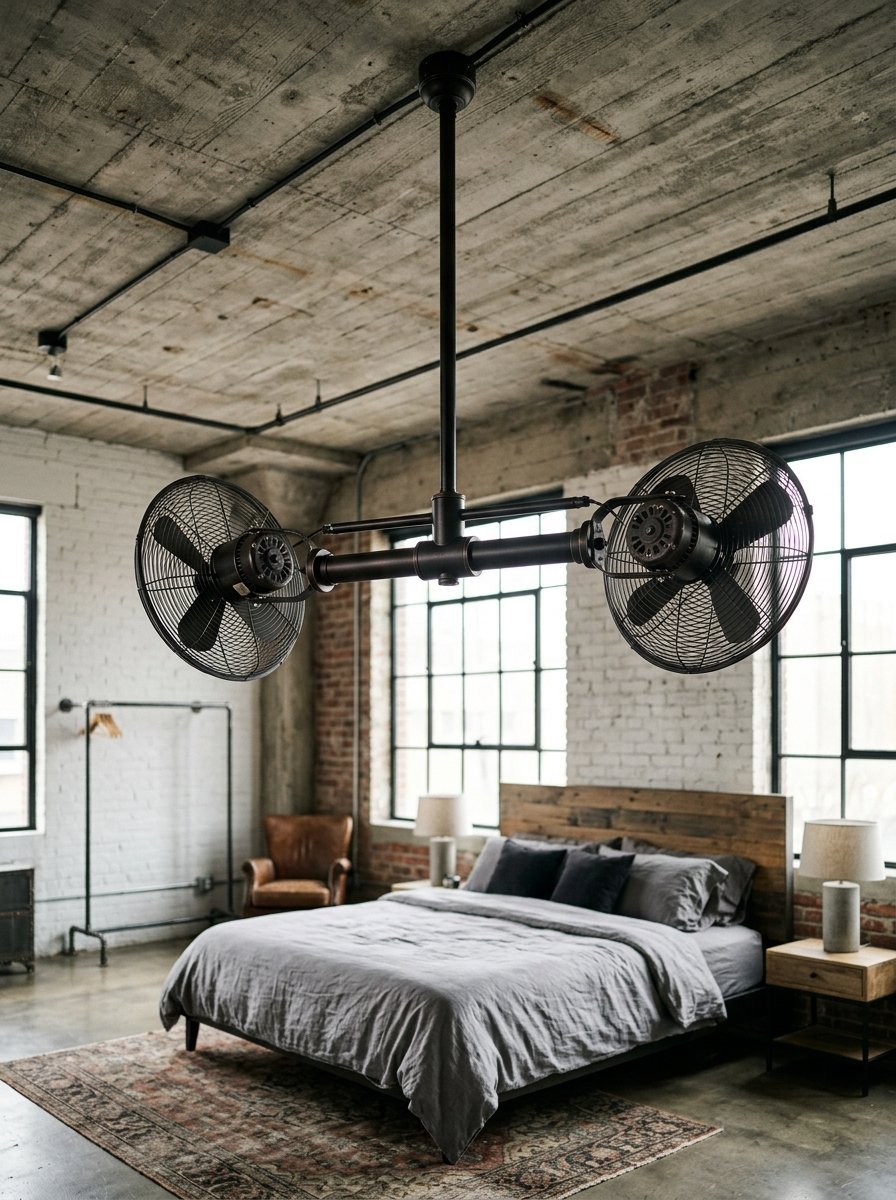 A double industrial ceiling fan hangs over a bed in a loft bedroom with brick walls.