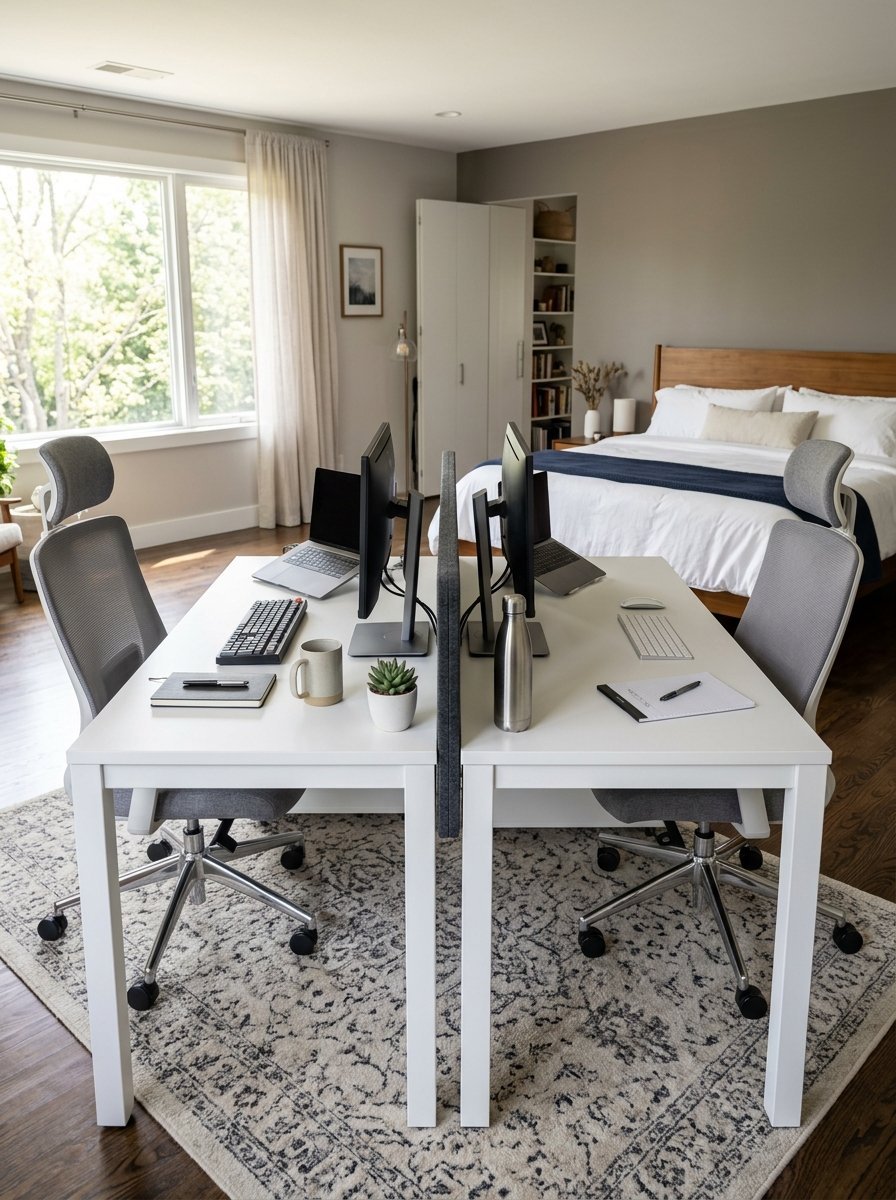 Two back-to-back white desks with ergonomic chairs in a bedroom office, separated by a grey acoustic privacy divider.