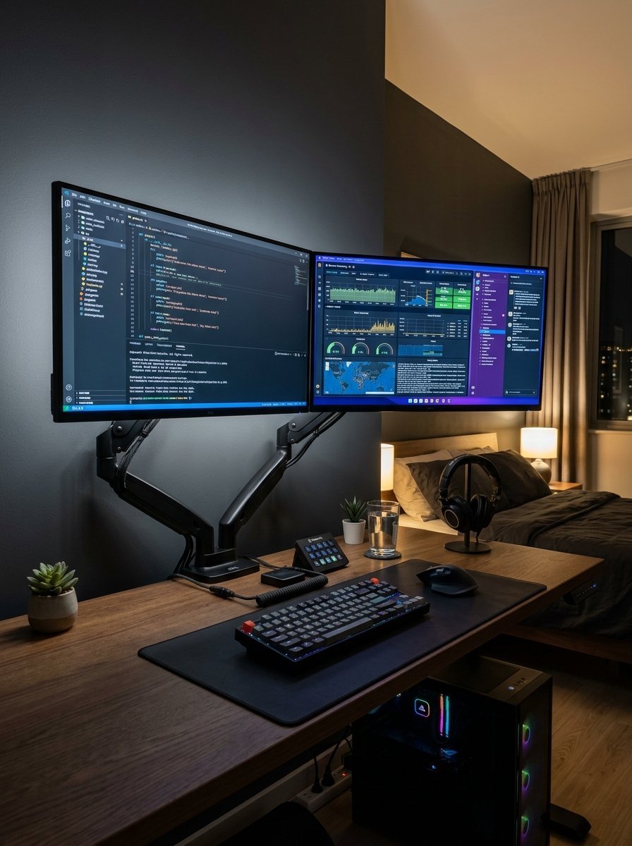 A dark wooden desk with two monitors displaying programming code and data analytics, set in a cozy bedroom.