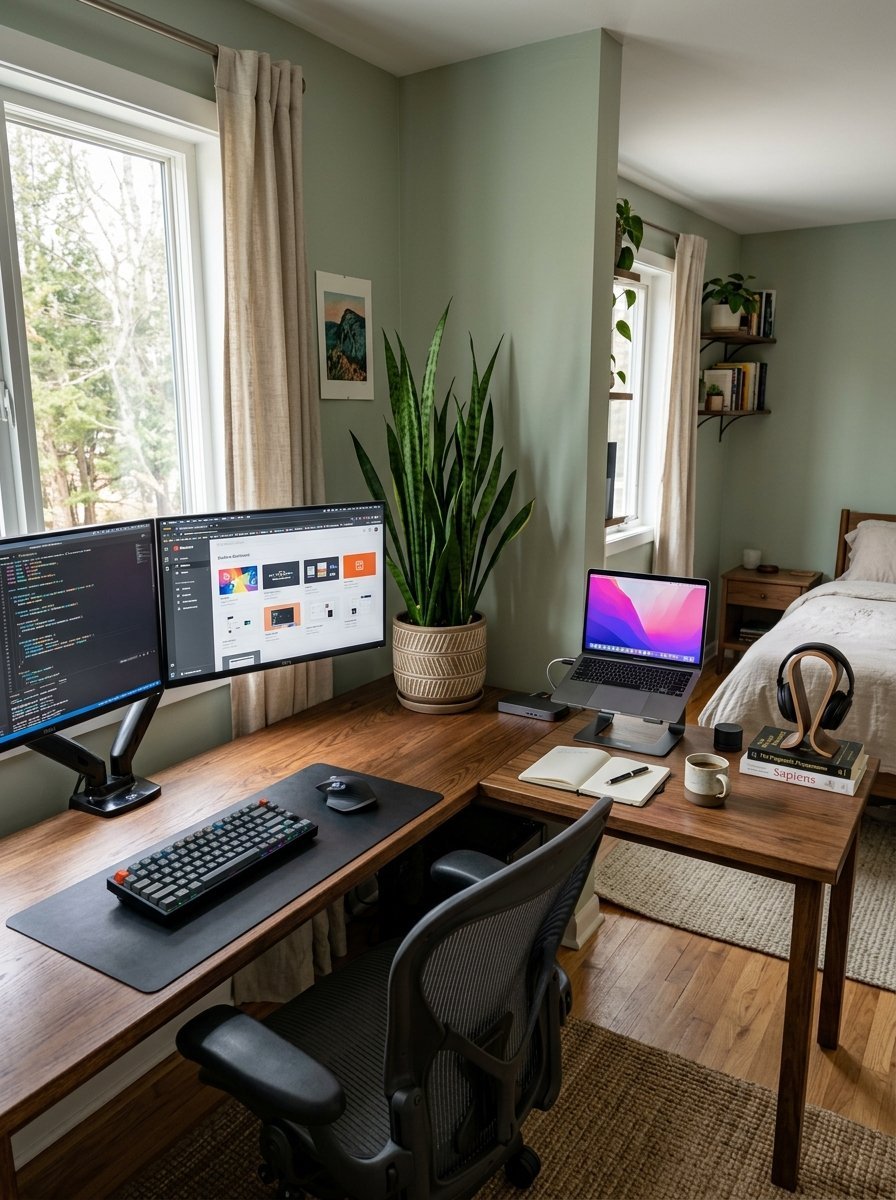 Modern wooden L-shaped desk with dual monitors, a laptop, keyboard, and a large snake plant in a bright bedroom.