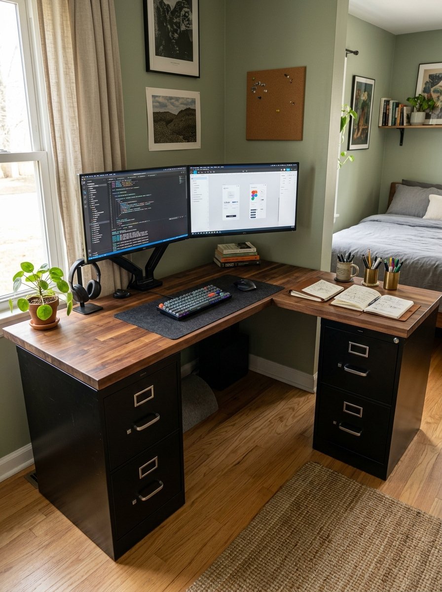 L-shaped wooden desk setup featuring two computer screens, a mechanical keyboard, and open notebooks in a bedroom.