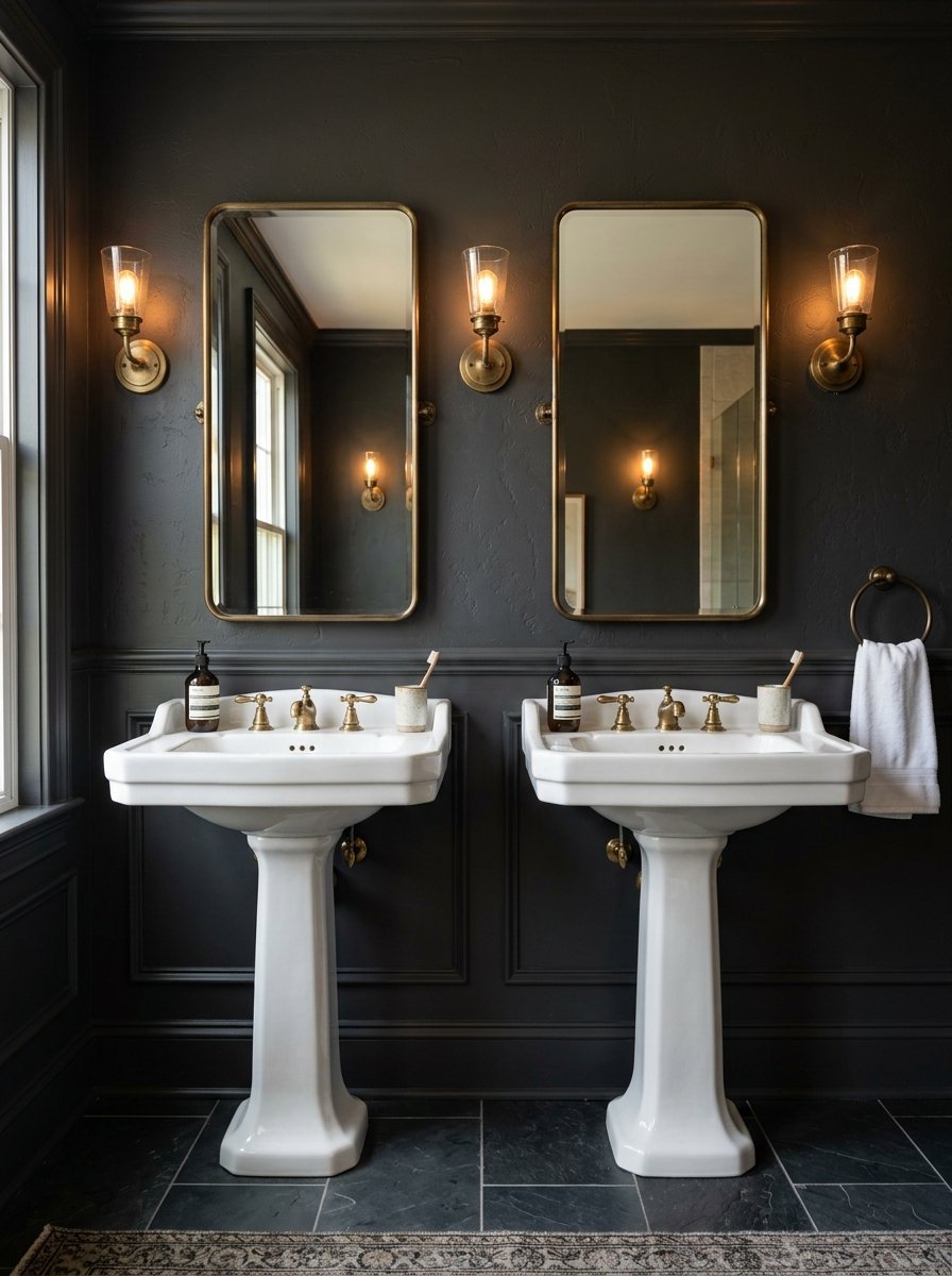 Two white pedestal sinks against a dark grey wall with brass mirrors and matching sconce lighting.