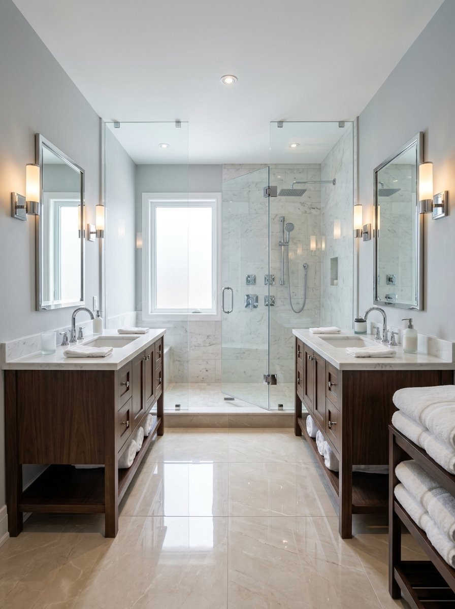 Modern bathroom with matching brown vanity cabinets, marble countertops, and a central glass-enclosed shower.