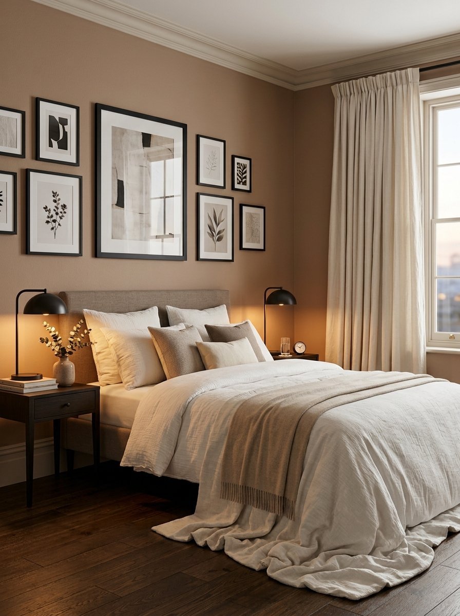 Neutral bedroom with a beige upholstered bed, black lamps, and framed botanical art on a brown wall.