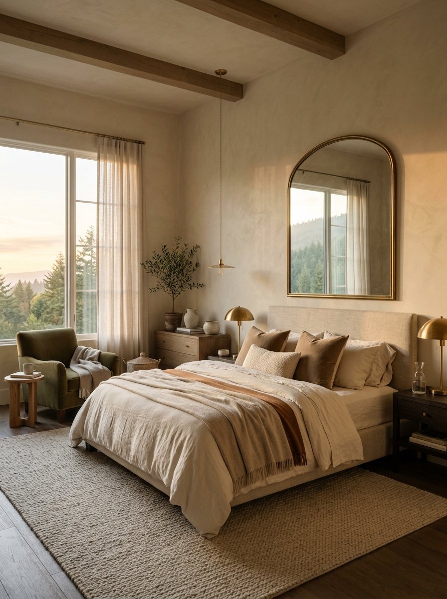 Neutral bedroom with a beige upholstered bed, gold accents, and a large arched mirror reflecting the forest view.