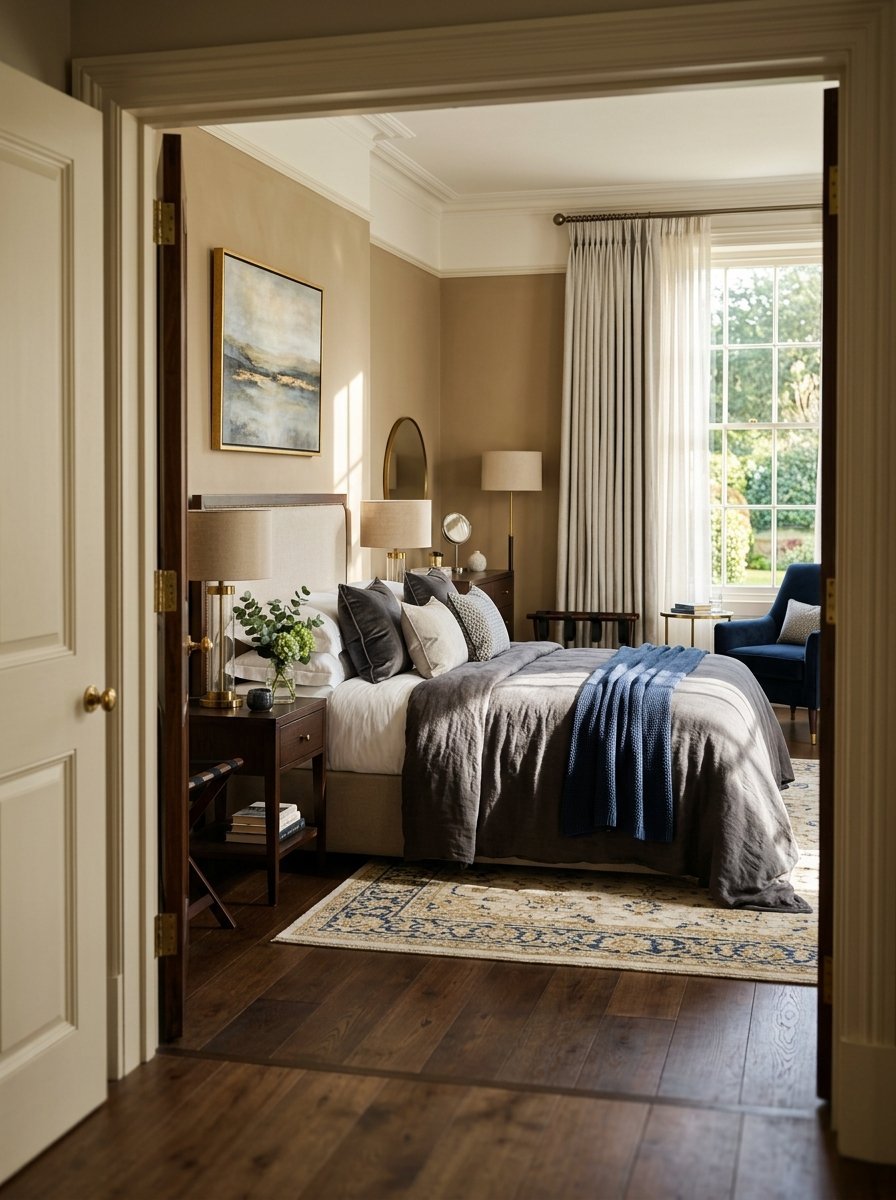 View through a doorway into a master bedroom with a grey bed, blue armchair, and large sunny window.