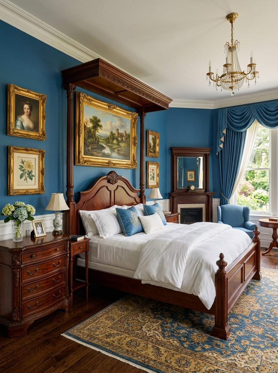 Classic bedroom with deep blue walls, dark wood furniture, and gold-framed art pieces.
