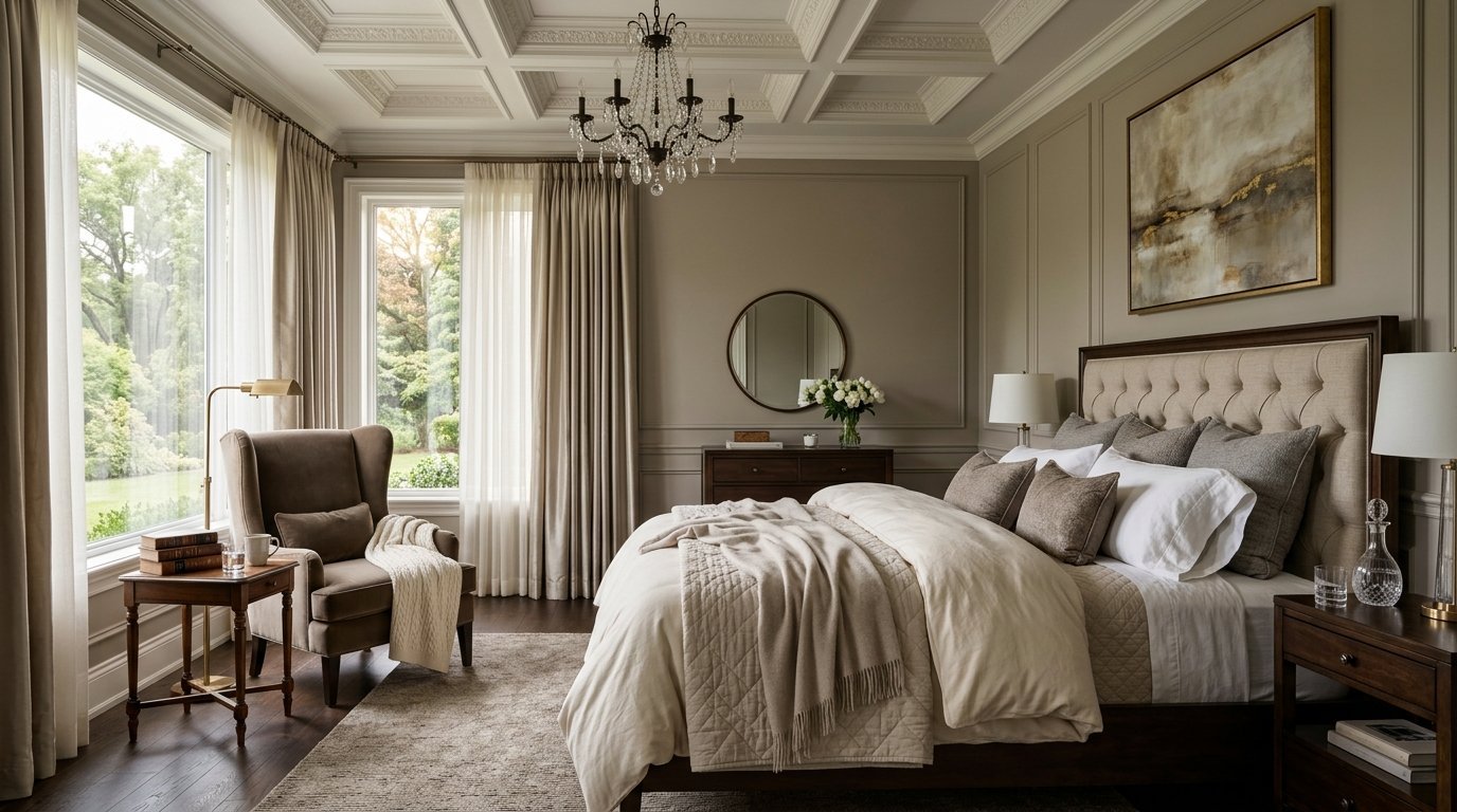 Sophisticated master bedroom with a tufted headboard, crystal chandelier, and a cozy armchair near the window.