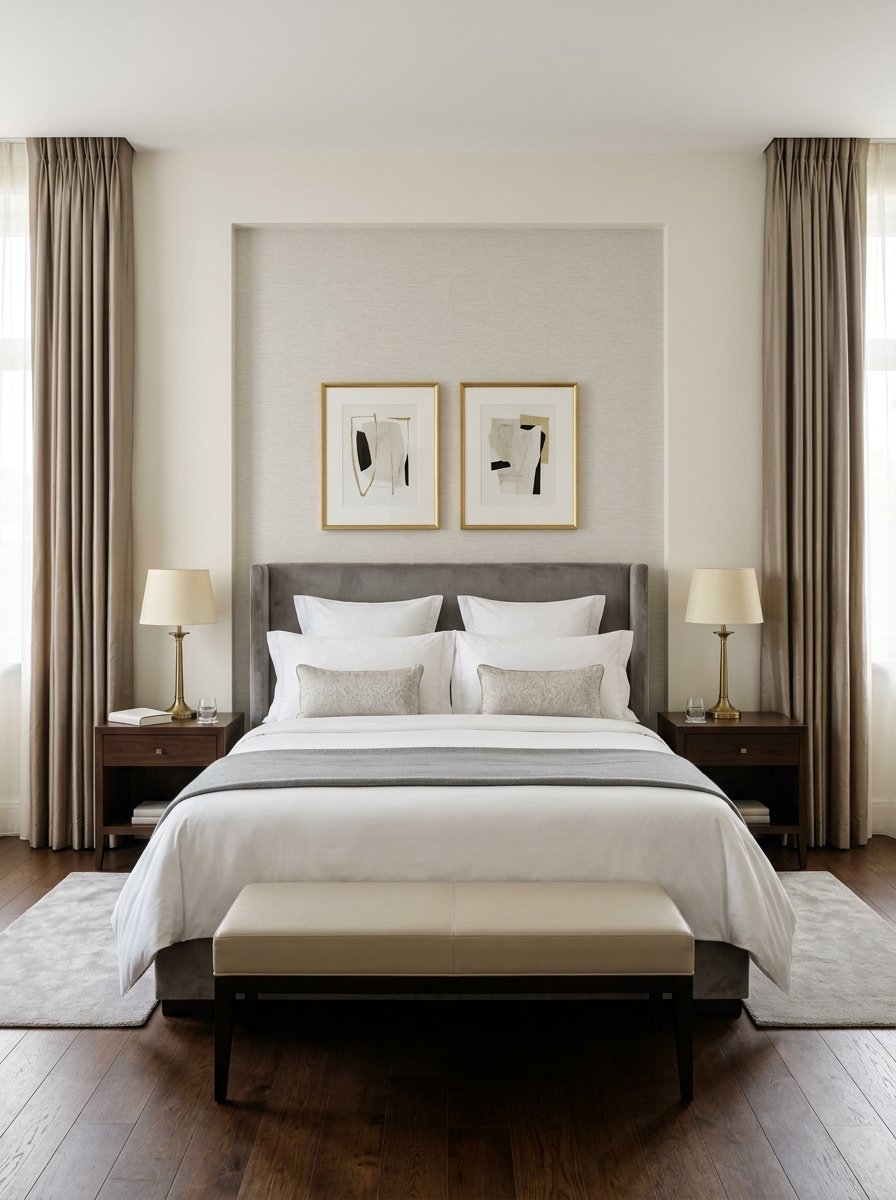 Modern bedroom with grey upholstered headboard, beige bench, and matching lamps on wooden nightstands.